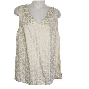 St. Tropez West Womens Tank Top Medium 100% Linen V Neck Ivory Gold Paisley